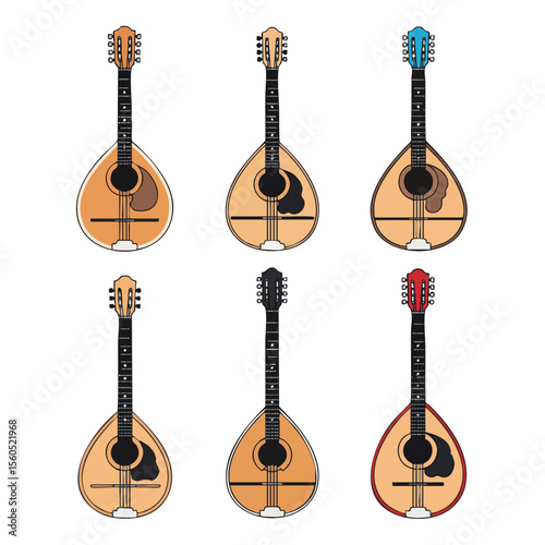 Flat Colorful Various Mandolin Instrument Collection Musical String Plucked Illustration