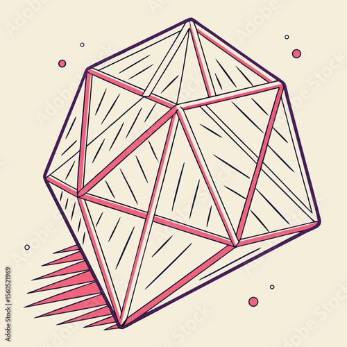 Illustration of a pink and purple icosahedron with internal lines and a shadow on a light background