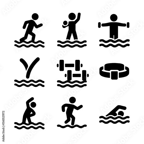 Aquatic Fitness Icons. Solid, filled icon set of aquatic fitness: aqua jogging, water aerobics, resistance training, pool noodles,