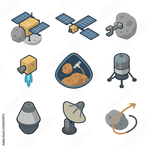 Asteroid Mission Icons. Isometric Flat icon set of spacecraft missions to asteroids: spacecraft, solar panels, docking arm,