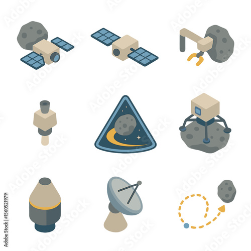 Asteroid Mission Icons. Isometric Flat icon set of spacecraft missions to asteroids: spacecraft, solar panels, docking arm,