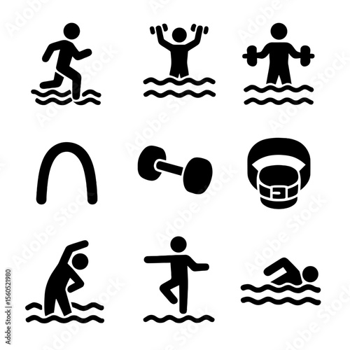 Aquatic Fitness Icons. Solid, filled icon set of aquatic fitness: aqua jogging, water aerobics, resistance training, pool noodles,