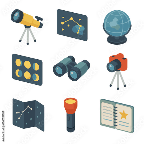 Astronomy Gear Icons. Isometric Flat icon set of astronomy observation gear: telescope, star chart, planetarium globe, camera on