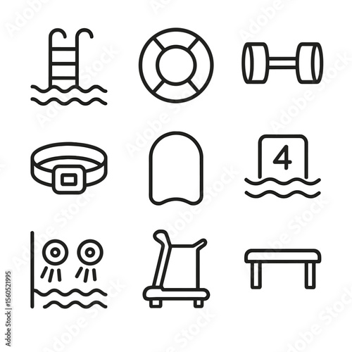 Aquatic Therapy Icons. Outline icon set of aquatic therapy: pool ladder, water buoy, aqua dumbbell, water treadmill, flotation