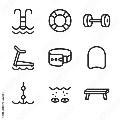 Aquatic Therapy Icons. Outline icon set of aquatic therapy: pool ladder, water buoy, aqua dumbbell, water treadmill, flotation