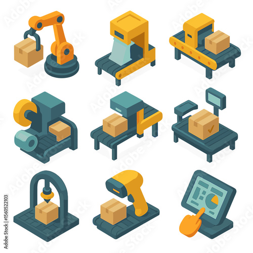 Automated Packaging Icons. Isometric Flat icon set of automated packaging equipment: robotic arm with box, automatic bagging