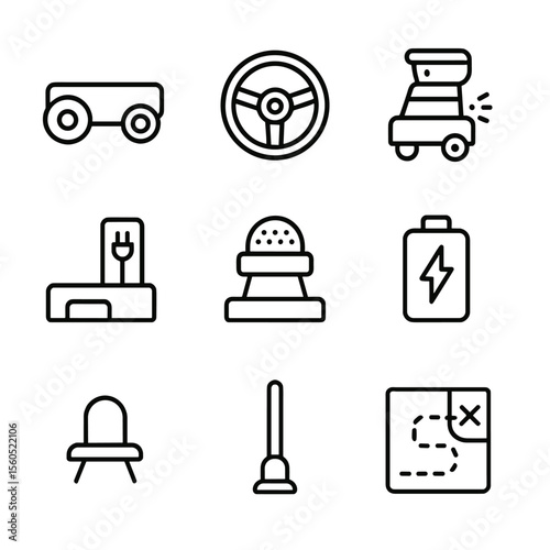 Autonomous Robot Icons. Outline icon set of Autonomous Mobile Robots: wheeled base, navigation wheel, obstacle detector, charging