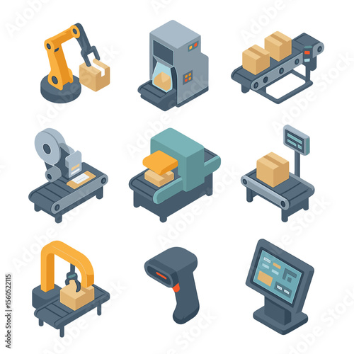 Automated Packaging Icons. Isometric Flat icon set of automated packaging equipment: robotic arm with box, automatic bagging
