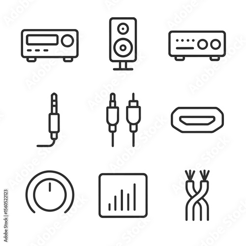 AV Receiver Icon Set. Outline icon set of AV Receiver and Audio Setup: AV receiver, speaker, stereo amplifier, audio jack, RCA