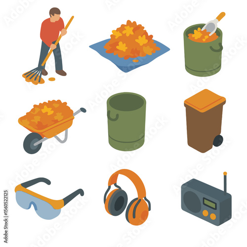 Autumn Yard Work Icons. Isometric Flat icon set of raking and gathering leaves: person raking, leaf pile with tarp, leaf bag