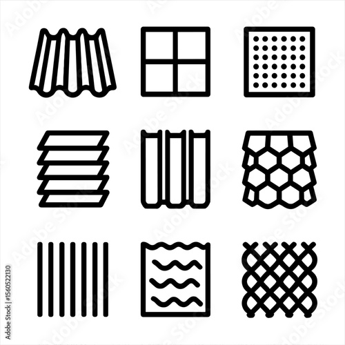 Architectural Metal Icons. Solid, filled icon set of architectural metal cladding styles: corrugated panels, flat panels,