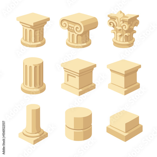 Architectural Column Icons. Isometric Flat icon set of column styles: Doric column, Ionic volute, Corinthian acanthus leaf, fluted
