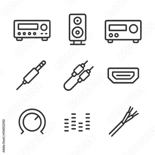 AV Receiver Icon Set. Outline icon set of AV Receiver and Audio Setup: AV receiver, speaker, stereo amplifier, audio jack, RCA