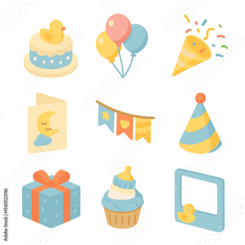 Baby Celebration Icons. Isometric Flat icon set of baby-themed celebration: baby shower cake, balloon bouquet, confetti popper,