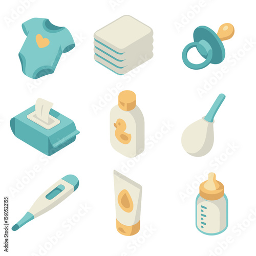 Baby Essentials Icons. Isometric Flat icon set of baby care essentials: baby onesie, diaper stack, pacifier, baby wipes pack, baby