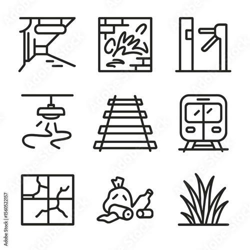 Abandoned Metro Icon Set. Outline icon set of deserted metro stations: empty platform, graffiti-covered wall, broken turnstile,
