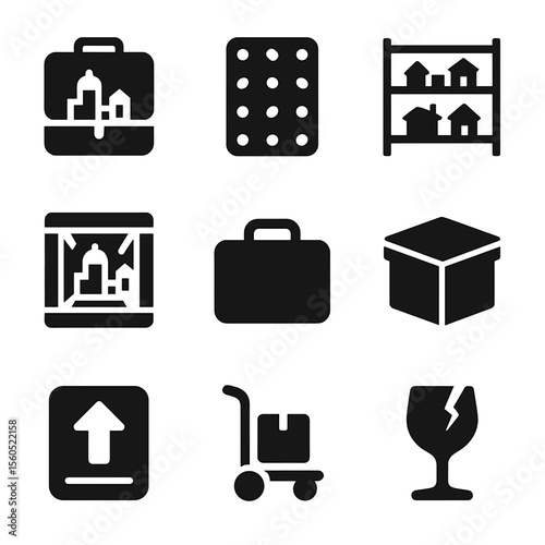 Architectural Model Icons. Solid, filled icon set of architectural model storage and transport: model case, foam insert, storage