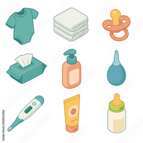 Baby Essentials Icons. Isometric Flat icon set of baby care essentials: baby onesie, diaper stack, pacifier, baby wipes pack, baby