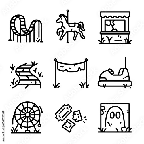 Abandoned Amusement Park Icons. Outline icon set of abandoned amusement parks: rusted roller coaster, broken carousel horse,