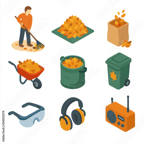 Autumn Yard Work Icons. Isometric Flat icon set of raking and gathering leaves: person raking, leaf pile with tarp, leaf bag