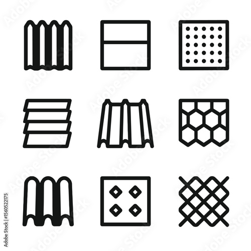 Architectural Metal Icons. Solid, filled icon set of architectural metal cladding styles: corrugated panels, flat panels,