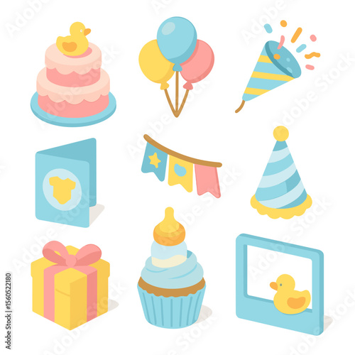 Baby Celebration Icons. Isometric Flat icon set of baby-themed celebration: baby shower cake, balloon bouquet, confetti popper,