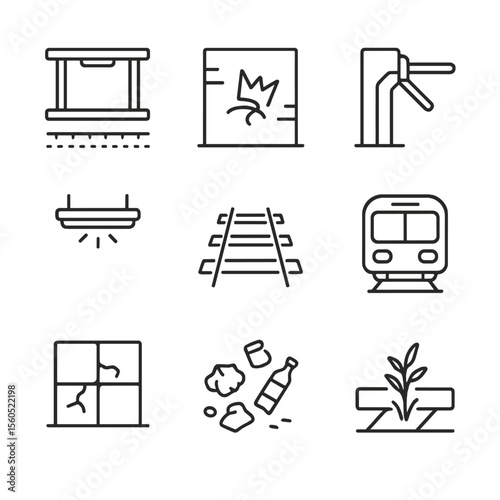Abandoned Metro Icon Set. Outline icon set of deserted metro stations: empty platform, graffiti-covered wall, broken turnstile,