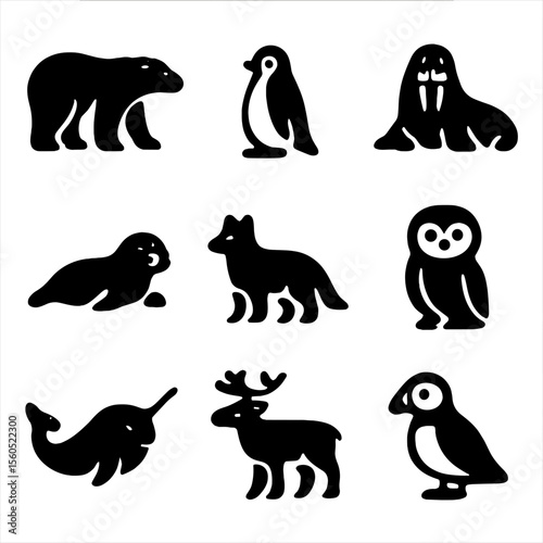 Arctic Creature Icons. Solid, filled icon set of arctic creatures: polar bear, penguin, walrus, seal, arctic fox, snowy owl,