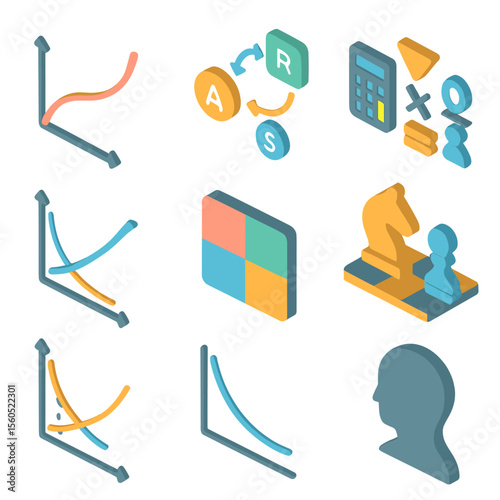 Behavioral Economics Icons. Isometric Flat icon set of behavioral economics frameworks: utility curve graph, reinforcement