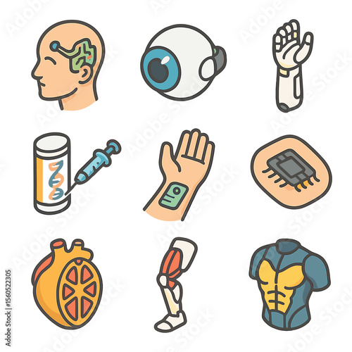Bio-Engineered Implants Icons. Isometric Flat icon set of bio-engineered implants: neural interface implant, bionic eye,