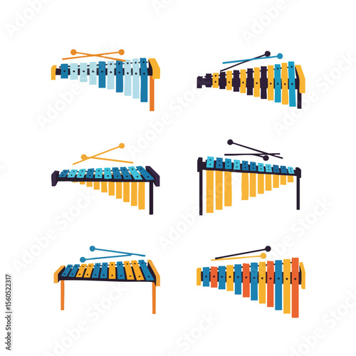 Colorful Flat Style Different Angle Xylophone Percussion Musical Instrument Set