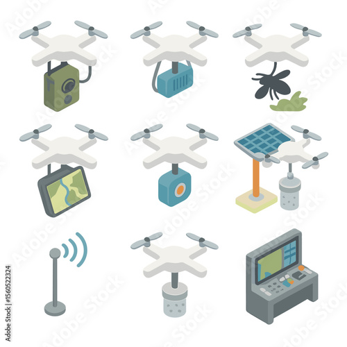 Biodiversity Drone Icons. Isometric Flat icon set of biodiversity assessment drones: camera trap attachment, acoustic sensor,