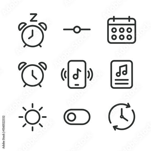 Alarm Clock Icon Set. Outline icon set of alarm clock functions and settings: snooze button, volume slider, repeat days, sleep