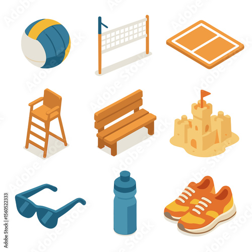 Beach Volleyball Icons. Isometric Flat icon set of beach volleyball game setup: volleyball, net, court lines, referee stand,