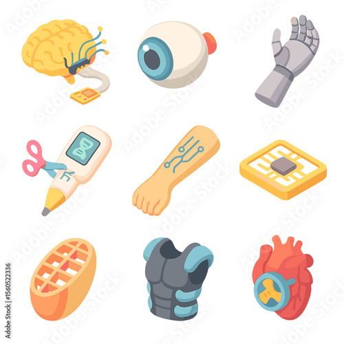 Bio-Engineered Implants Icons. Isometric Flat icon set of bio-engineered implants: neural interface implant, bionic eye,