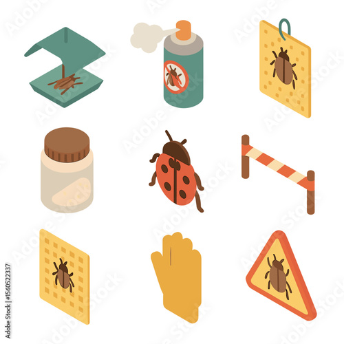 Beetle Control Icons. Isometric Flat icon set of beetle pest control: pheromone trap, insecticide spray, sticky trap, diatomaceous