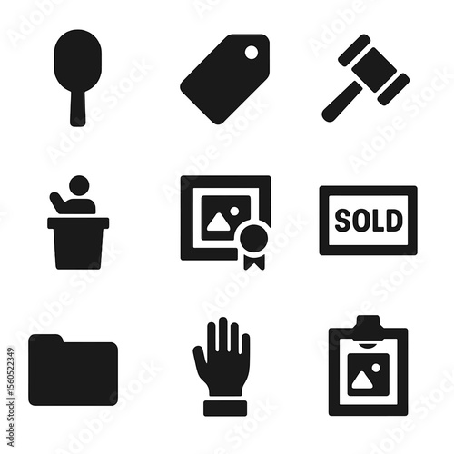 Art Auction Icons. Solid, filled icon set of art auction: bidding paddle, price tag, gavel, auctioneer podium, art certificate,