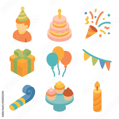 Birthday Celebration Icons. Isometric Flat icon set of Birthday Party Celebration: person wearing party hat, tiered birthday cake,