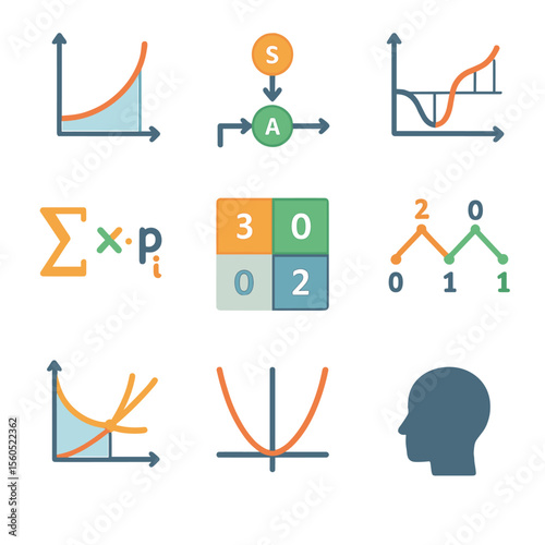Behavioral Economics Icons. Isometric Flat icon set of behavioral economics frameworks: utility curve graph, reinforcement