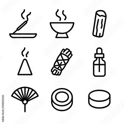 Aromatherapy Icons Grid. Outline icon set of Incense and Aromatherapy Offerings: incense stick, incense burner, sandalwood stick,