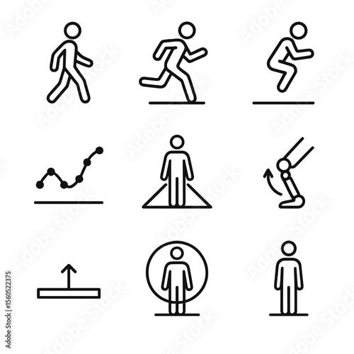 Biomechanics Icon Set. Outline icon set of biomechanics and CG: walking gait cycle, running stride, jump landing, center of mass