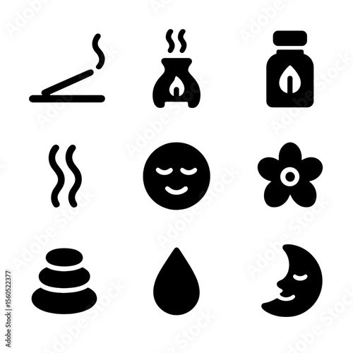 Aromatherapy Icon Set. Solid, filled icon set of aromatherapy and relaxation: incense stick, oil diffuser, aroma bottle, steam
