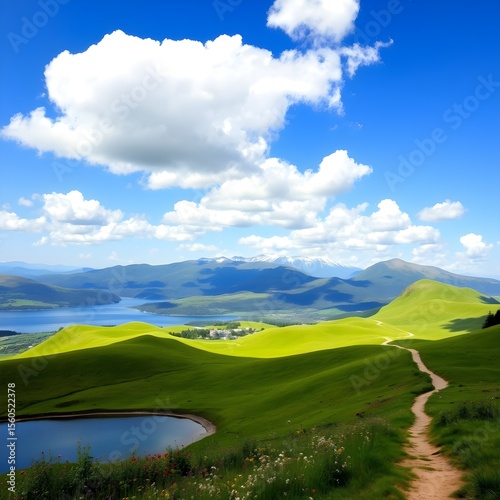 A breathtakingly beautiful landscape with gently rolling green hills beneath a blue sky.
