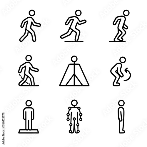 Biomechanics Icon Set. Outline icon set of biomechanics and CG: walking gait cycle, running stride, jump landing, center of mass