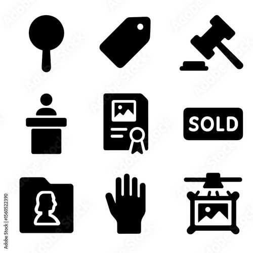 Art Auction Icons. Solid, filled icon set of art auction: bidding paddle, price tag, gavel, auctioneer podium, art certificate,