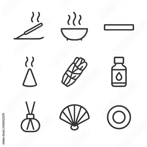 Aromatherapy Icons Grid. Outline icon set of Incense and Aromatherapy Offerings: incense stick, incense burner, sandalwood stick,