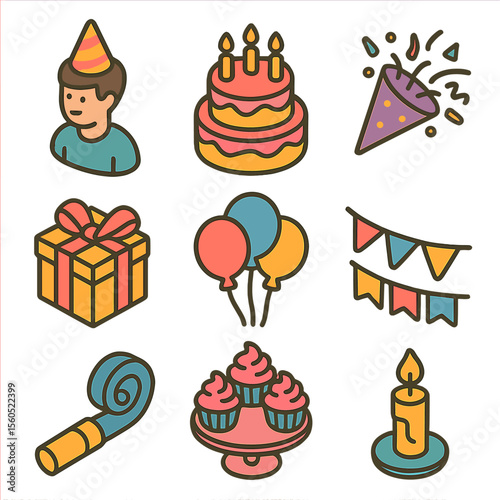 Birthday Celebration Icons. Isometric Flat icon set of Birthday Party Celebration: person wearing party hat, tiered birthday cake,