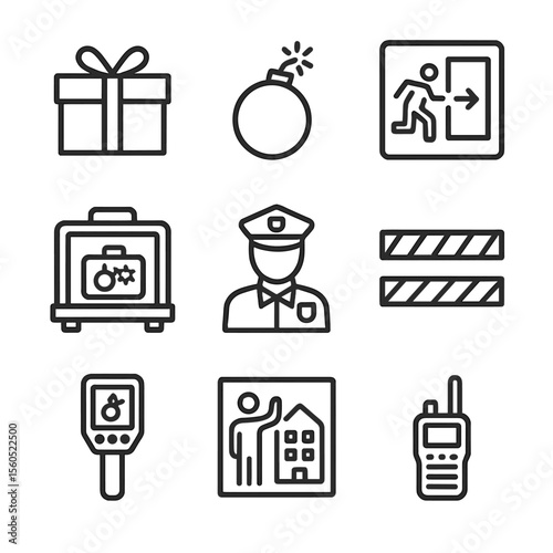 Bomb Threat Drill Icons. Outline icon set of bomb threat drills: suspicious package, bomb silhouette, evacuation area sign, X-ray