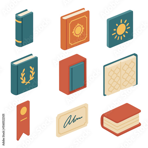 Book Publishing Icons. Isometric Flat icon set of foil stamping book publishing: hardcover book spine, dust jacket, embossed foil