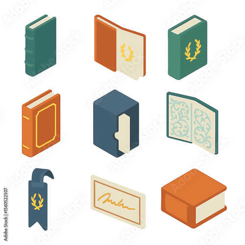 Book Publishing Icons. Isometric Flat icon set of foil stamping book publishing: hardcover book spine, dust jacket, embossed foil